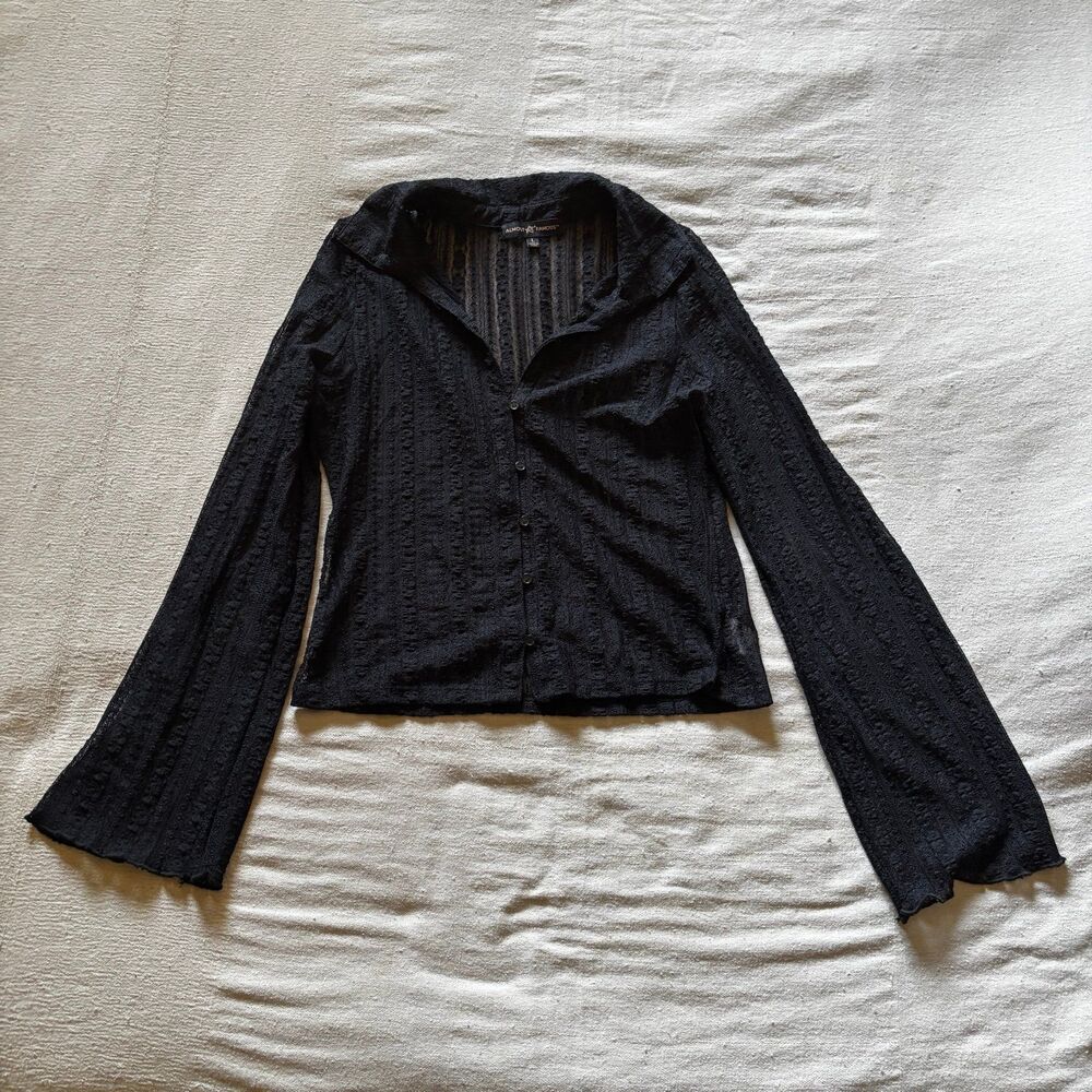 Almost Famous Sheer Lace Bell-Sleeve Button-Down Top